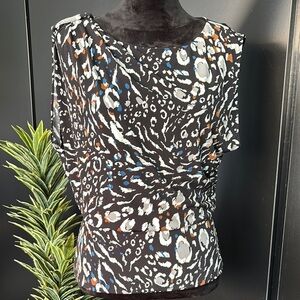 WHBM Boat Neck,soft stretch,lined,waist hemline, pleated right shoulder,pattern